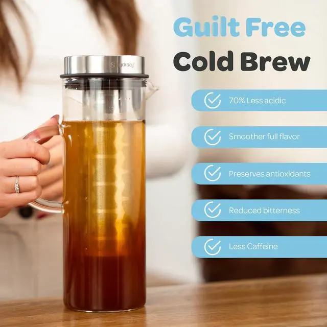Alt view image 3 of 7 - Cold Brew Coffee Maker - Large Glass Infusion Pitcher 1.6 Quarts 52oz - Iced Coffee & Iced Tea Pitcher with Stainless Steel Lid & Fruit Infusion Tube - Perfect for Home or Office