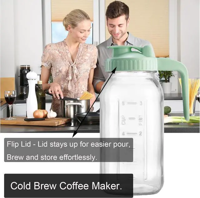 Alt view image 2 of 7 - Fermus Set of 2 Cold Brew Coffee Maker, 64oz / 2Quart Glass Pitcher with Stainless Steel Filter and Pour Spout Handle Lid, Mason Jar for Making Cold Coffee, Fruit Drinks, Sun Tea (2)