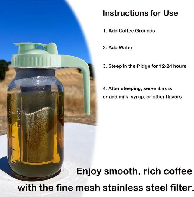 Alt view image 7 of 7 - Fermus Set of 2 Cold Brew Coffee Maker, 64oz / 2Quart Glass Pitcher with Stainless Steel Filter and Pour Spout Handle Lid, Mason Jar for Making Cold Coffee, Fruit Drinks, Sun Tea (2)