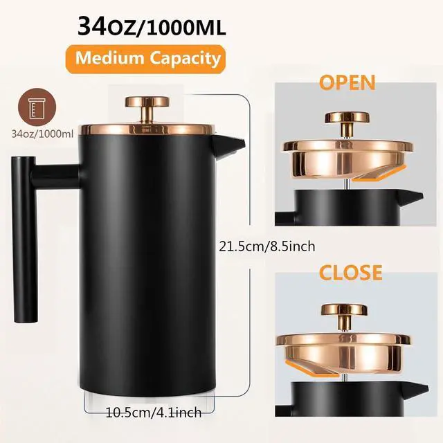 Alt view image 2 of 7 - Black French Press Stainless Steel 34oz, Double Wall Insulated Coffee Press 1L for travel camping with 2 Extra Filter Screens and 1 Coffee Spoon8cup 1000ml