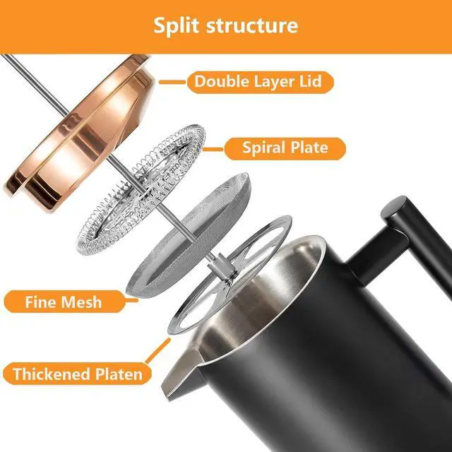 Alt view image 3 of 7 - Black French Press Stainless Steel 34oz, Double Wall Insulated Coffee Press 1L for travel camping with 2 Extra Filter Screens and 1 Coffee Spoon8cup 1000ml