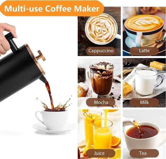 Alt view image 6 of 7 - Black French Press Stainless Steel 34oz, Double Wall Insulated Coffee Press 1L for travel camping with 2 Extra Filter Screens and 1 Coffee Spoon8cup 1000ml