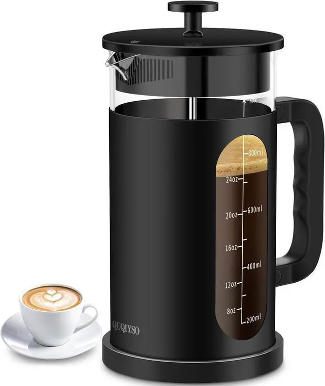Main image of QUQIYSO French Press Coffee Maker, 304 Stainless Steel French Press with 4 Filter, Heat Resistant Borosilicate Glass, Easy to Clean, BPA Free Coffee Press Rust-Free Coffee Maker, 34 ounce, Black