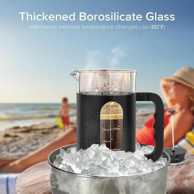 Alt view image 2 of 6 - QUQIYSO French Press Coffee Maker, 304 Stainless Steel French Press with 4 Filter, Heat Resistant Borosilicate Glass, Easy to Clean, BPA Free Coffee Press Rust-Free Coffee Maker, 34 ounce, Black