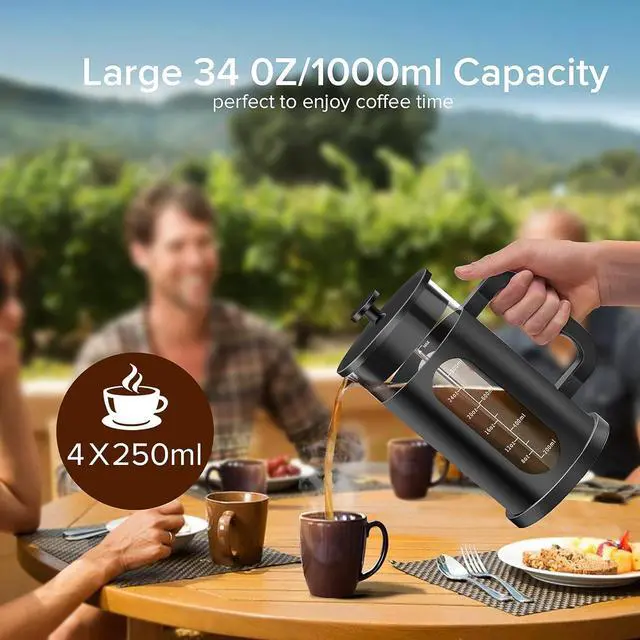 Alt view image 6 of 6 - QUQIYSO French Press Coffee Maker, 304 Stainless Steel French Press with 4 Filter, Heat Resistant Borosilicate Glass, Easy to Clean, BPA Free Coffee Press Rust-Free Coffee Maker, 34 ounce, Black