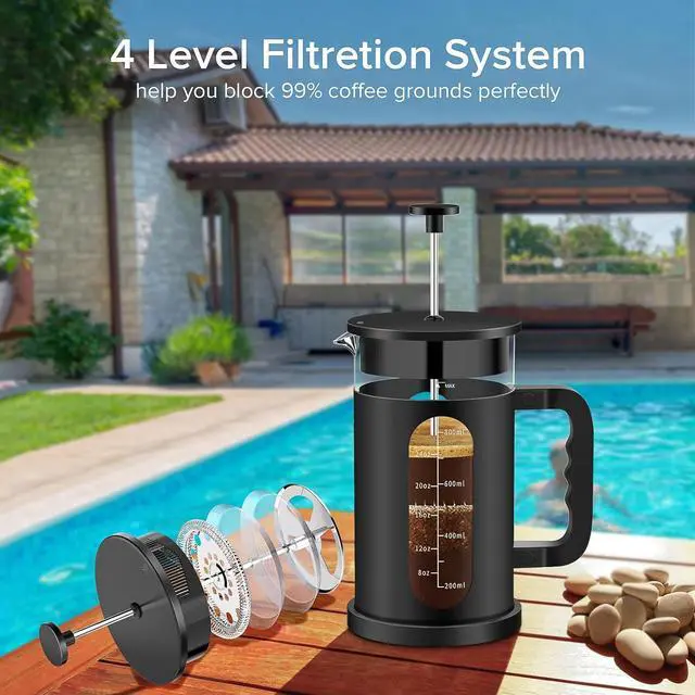 Alt view image 5 of 6 - QUQIYSO French Press Coffee Maker, 304 Stainless Steel French Press with 4 Filter, Heat Resistant Borosilicate Glass, Easy to Clean, BPA Free Coffee Press Rust-Free Coffee Maker, 34 ounce, Black