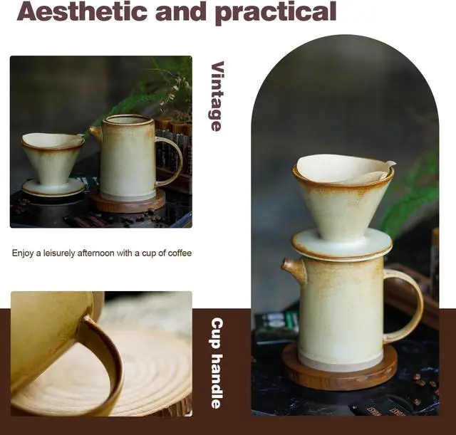 Alt view image 2 of 5 - Pour Over Coffee Maker Set Vintage Ceramic Pour Over V60 Coffee Dripper Set with 20 Count Paper Coffee Filters,for Home Café Restaurant Camping,15.8 Ounces(Yellow)