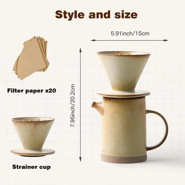 Alt view image 3 of 5 - Pour Over Coffee Maker Set Vintage Ceramic Pour Over V60 Coffee Dripper Set with 20 Count Paper Coffee Filters,for Home Café Restaurant Camping,15.8 Ounces(Yellow)