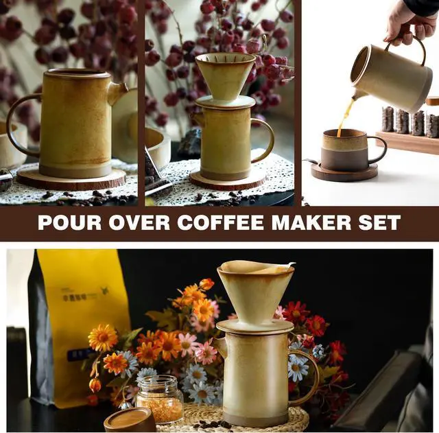 Alt view image 5 of 5 - Pour Over Coffee Maker Set Vintage Ceramic Pour Over V60 Coffee Dripper Set with 20 Count Paper Coffee Filters,for Home Café Restaurant Camping,15.8 Ounces(Yellow)