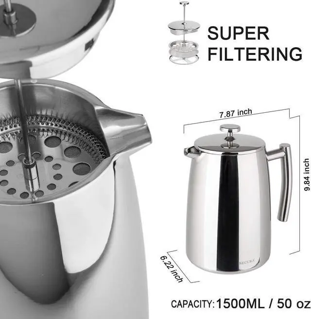 Alt view image 2 of 5 - Secura French Press Coffee Maker, 50-Ounce, 304 Stainless Steel Insulated Coffee Press with Extra Screen