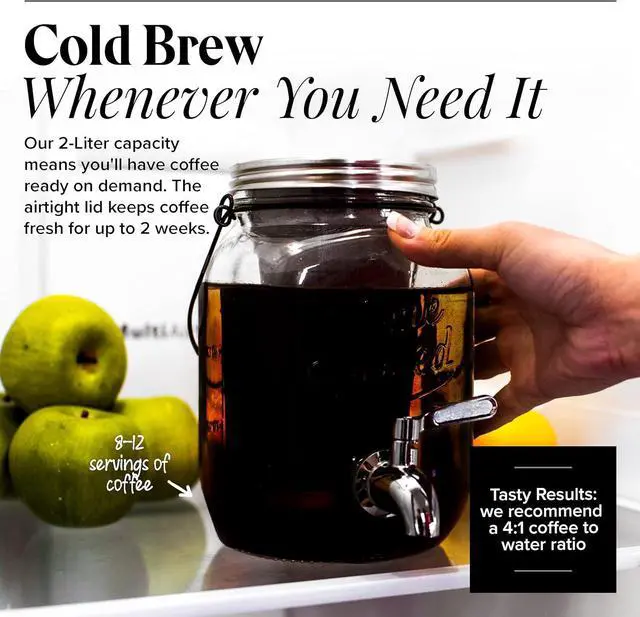 Alt view image 2 of 6 - Willow & Everett Cold Brew Coffee & Iced-Tea Maker Pitcher, 2 L Glass Dispenser w/Metal Spigot & Mesh Filter Iced Coffee & Sun Tea Brewing System