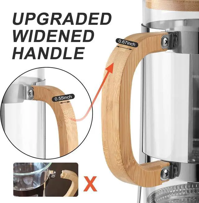 Alt view image 3 of 7 - Sivaphe 34 oz French Press Coffee/Tea Maker with Bamboo Lid and Hand Stainless Steel High Borosilicate Glass 1000ml Coffee Brewer Set