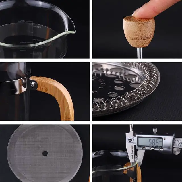 Alt view image 4 of 7 - Sivaphe 34 oz French Press Coffee/Tea Maker with Bamboo Lid and Hand Stainless Steel High Borosilicate Glass 1000ml Coffee Brewer Set