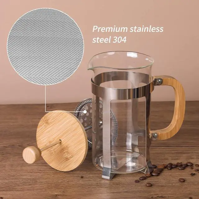 Alt view image 5 of 7 - Sivaphe 34 oz French Press Coffee/Tea Maker with Bamboo Lid and Hand Stainless Steel High Borosilicate Glass 1000ml Coffee Brewer Set