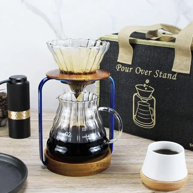 Alt view image 2 of 7 - SOTECH Pour Over Coffee Dripper Stand with Metal Stand Wooden Filter Holder Glass Server with Paper Coffee Filters, Coffee Maker Stand Set for Coffee Tea and Saffron