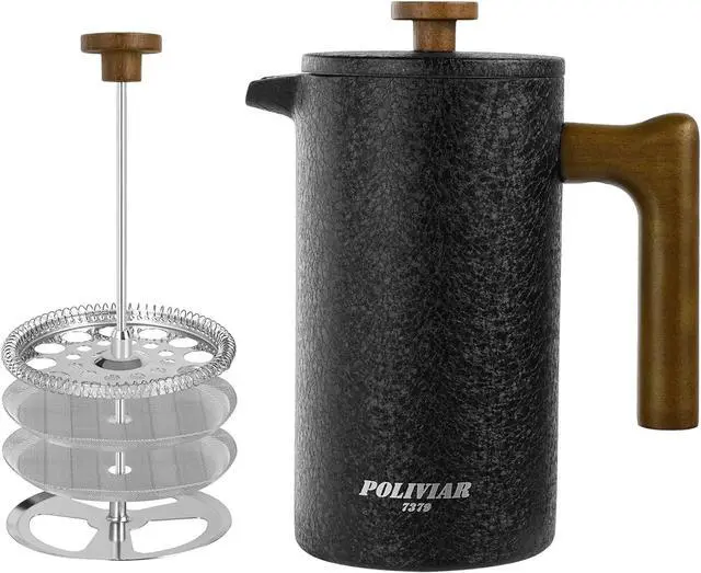 Main image of POLIVIAR French Press Coffee Maker, 34 oz Coffee Press with Real Wood Handle, Double Wall Insulation & Dual-Filter Screen, Food Grade Stainless Steel for Good Coffee and Tea JX2023-FPLB