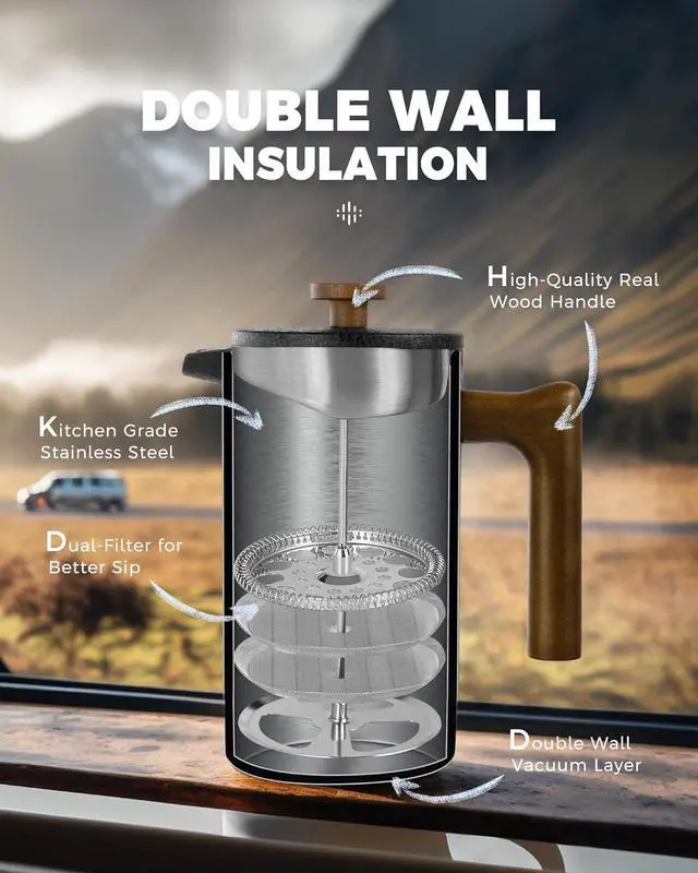 Alt view image 3 of 7 - POLIVIAR French Press Coffee Maker, 34 oz Coffee Press with Real Wood Handle, Double Wall Insulation & Dual-Filter Screen, Food Grade Stainless Steel for Good Coffee and Tea JX2023-FPLB