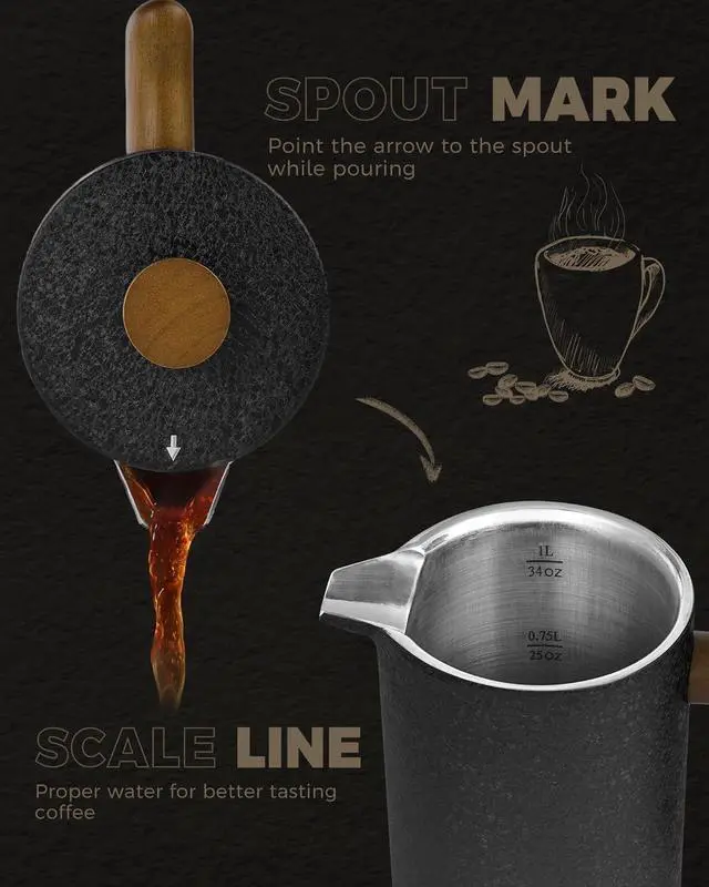 Alt view image 5 of 7 - POLIVIAR French Press Coffee Maker, 34 oz Coffee Press with Real Wood Handle, Double Wall Insulation & Dual-Filter Screen, Food Grade Stainless Steel for Good Coffee and Tea JX2023-FPLB