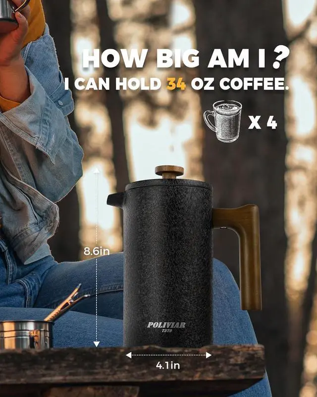 Alt view image 6 of 7 - POLIVIAR French Press Coffee Maker, 34 oz Coffee Press with Real Wood Handle, Double Wall Insulation & Dual-Filter Screen, Food Grade Stainless Steel for Good Coffee and Tea JX2023-FPLB