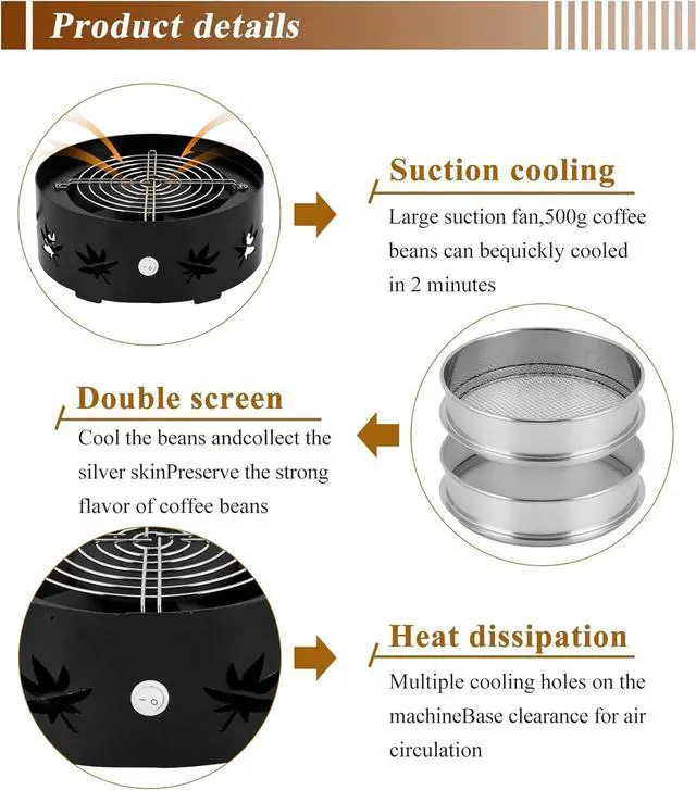 Alt view image 3 of 6 - JIAWANSHUN Electric Coffee Bean Cooler with 2-Layer Stainless Steel Mesh & Heavy Steel Base - 1.1LB Capacity for Fast Cooling & Chaff Removal, Home Coffee Brewing Essential Tool 110V