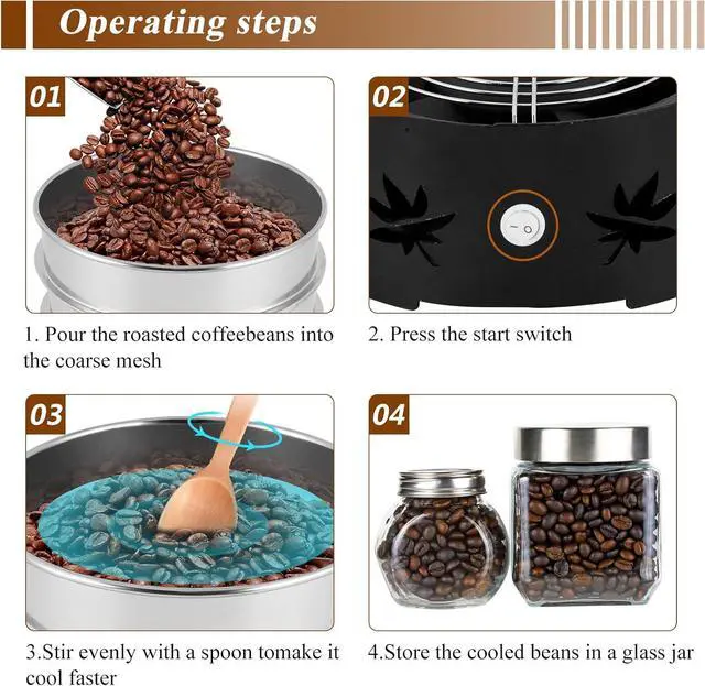 Alt view image 4 of 6 - JIAWANSHUN Electric Coffee Bean Cooler with 2-Layer Stainless Steel Mesh & Heavy Steel Base - 1.1LB Capacity for Fast Cooling & Chaff Removal, Home Coffee Brewing Essential Tool 110V