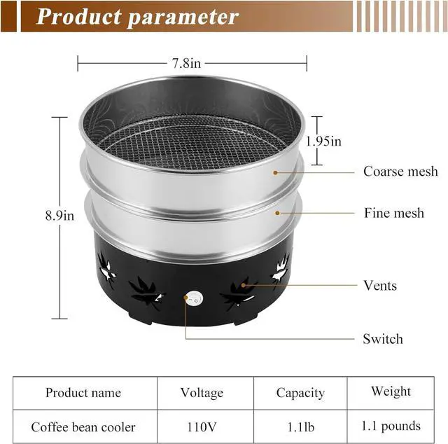 Alt view image 5 of 6 - JIAWANSHUN Electric Coffee Bean Cooler with 2-Layer Stainless Steel Mesh & Heavy Steel Base - 1.1LB Capacity for Fast Cooling & Chaff Removal, Home Coffee Brewing Essential Tool 110V