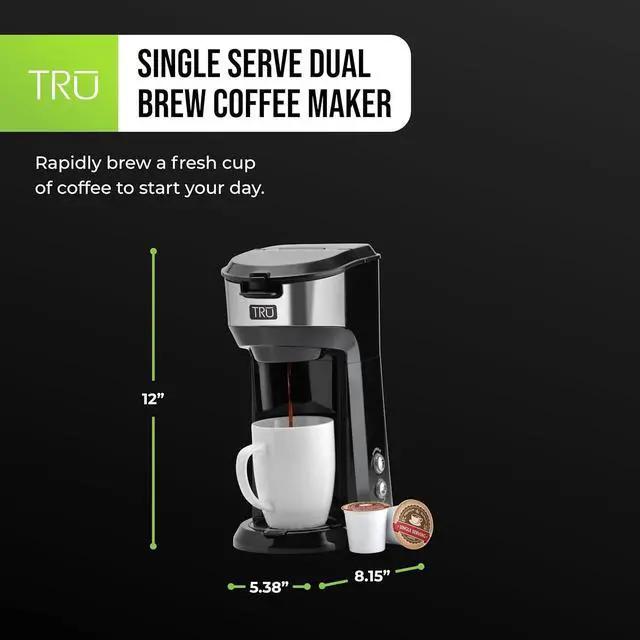 Alt view image 2 of 7 - Tru Single Serve Brew System by Select Brands - Single Cup Coffee Maker Using Coffee Capsules or Grounds - Features Removable Drip Tray & One-Touch Controls - 14 Fluid Ounces