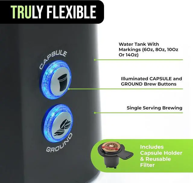 Alt view image 3 of 7 - Tru Single Serve Brew System by Select Brands - Single Cup Coffee Maker Using Coffee Capsules or Grounds - Features Removable Drip Tray & One-Touch Controls - 14 Fluid Ounces