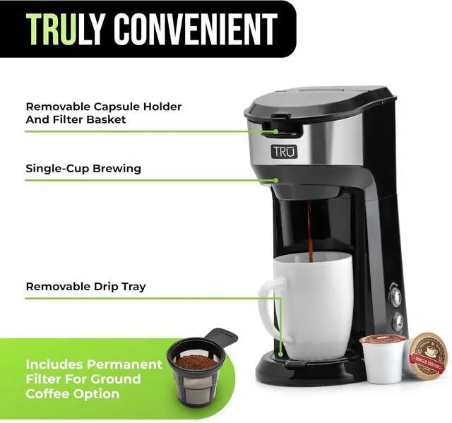 Alt view image 4 of 7 - Tru Single Serve Brew System by Select Brands - Single Cup Coffee Maker Using Coffee Capsules or Grounds - Features Removable Drip Tray & One-Touch Controls - 14 Fluid Ounces
