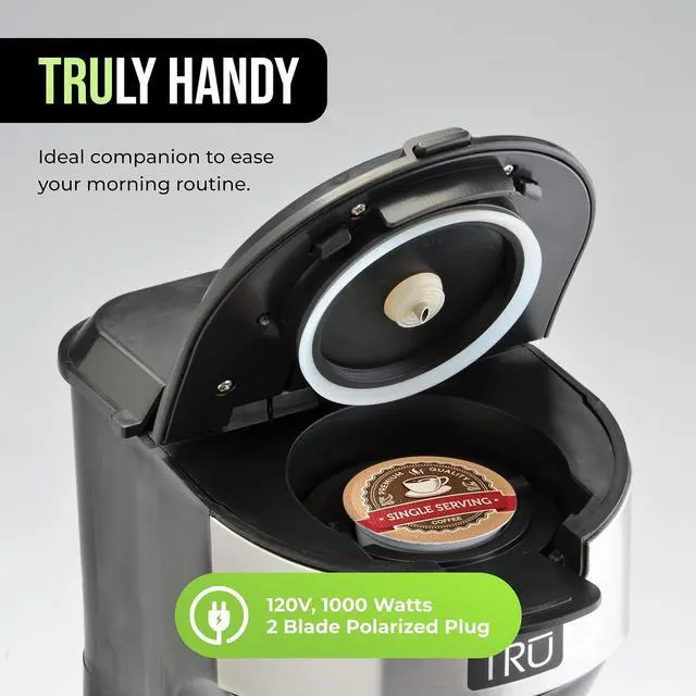 Alt view image 5 of 7 - Tru Single Serve Brew System by Select Brands - Single Cup Coffee Maker Using Coffee Capsules or Grounds - Features Removable Drip Tray & One-Touch Controls - 14 Fluid Ounces