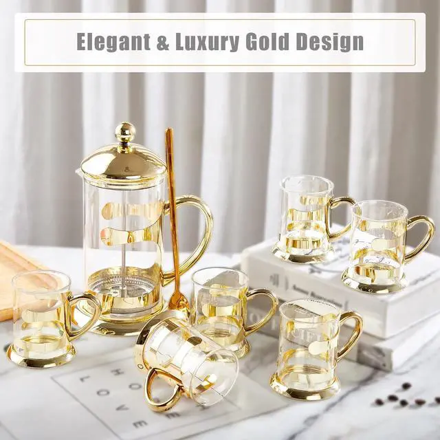 Alt view image 2 of 5 - DUJUST Gold French Press Set with 6 Cups & 1 Tray, Luxury Design Coffee Maker Set with 4-Level Filter System, Hot&Cold Resistant Glass French Coffee Press Set, Well Packed, Holiday Gift & Home Décor