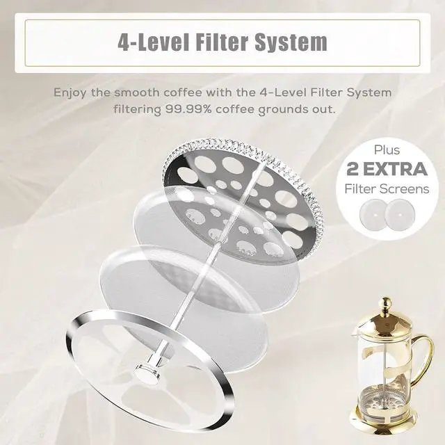Alt view image 3 of 5 - DUJUST Gold French Press Set with 6 Cups & 1 Tray, Luxury Design Coffee Maker Set with 4-Level Filter System, Hot&Cold Resistant Glass French Coffee Press Set, Well Packed, Holiday Gift & Home Décor