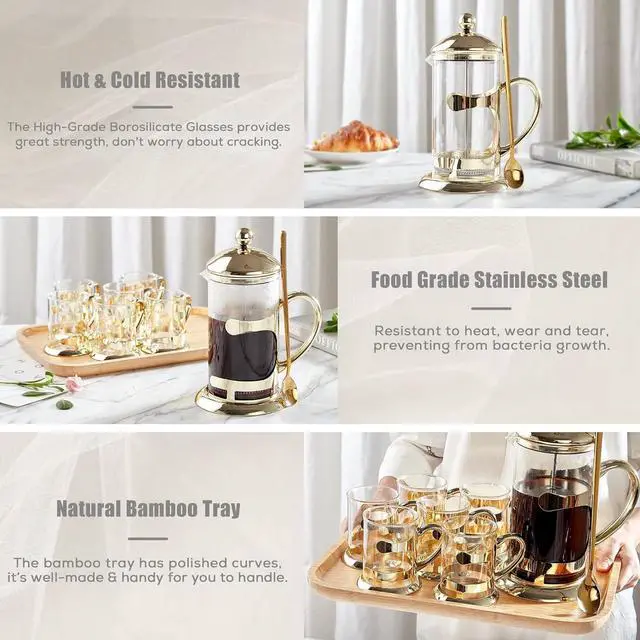 Alt view image 4 of 5 - DUJUST Gold French Press Set with 6 Cups & 1 Tray, Luxury Design Coffee Maker Set with 4-Level Filter System, Hot&Cold Resistant Glass French Coffee Press Set, Well Packed, Holiday Gift & Home Décor