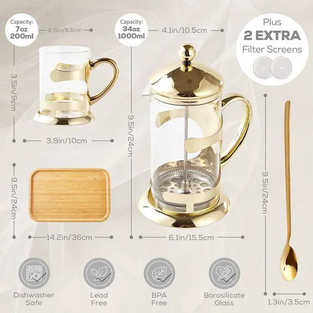 Alt view image 5 of 5 - DUJUST Gold French Press Set with 6 Cups & 1 Tray, Luxury Design Coffee Maker Set with 4-Level Filter System, Hot&Cold Resistant Glass French Coffee Press Set, Well Packed, Holiday Gift & Home Décor