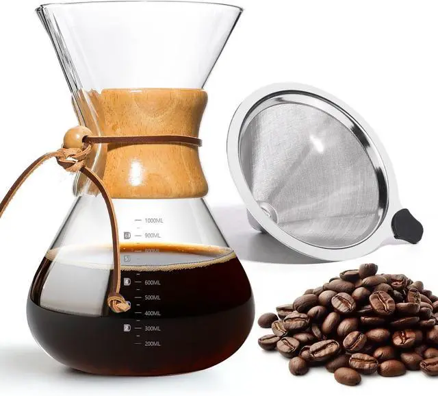 Main image of Pour Over Coffee Maker 34 OZ, 10 Cup Borosilicate Glass Drip Coffee Maker with Reusable Stainless Steel Filter and Cork Grip for Home Café 1000 ML