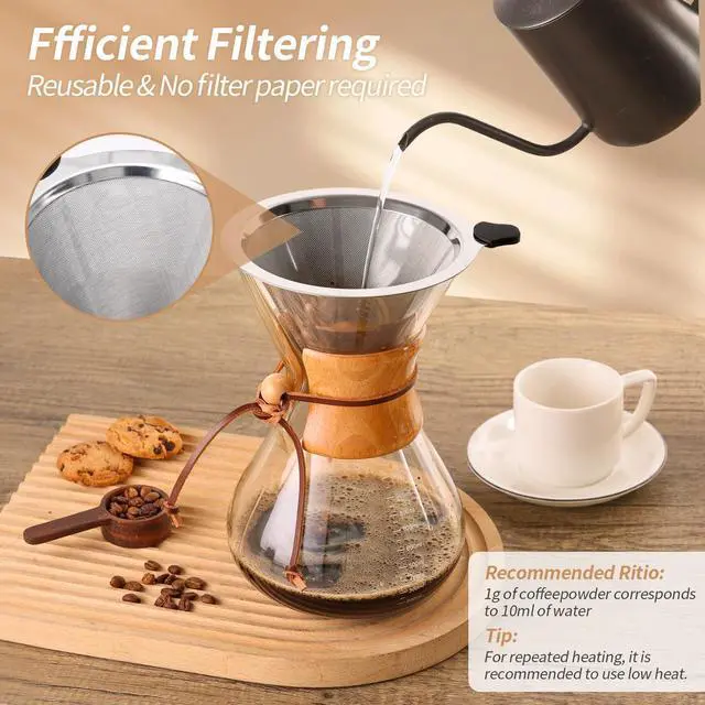 Alt view image 3 of 7 - Pour Over Coffee Maker 34 OZ, 10 Cup Borosilicate Glass Drip Coffee Maker with Reusable Stainless Steel Filter and Cork Grip for Home Café 1000 ML