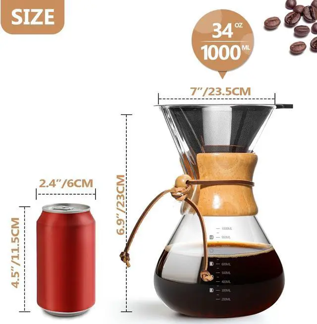 Alt view image 4 of 7 - Pour Over Coffee Maker 34 OZ, 10 Cup Borosilicate Glass Drip Coffee Maker with Reusable Stainless Steel Filter and Cork Grip for Home Café 1000 ML
