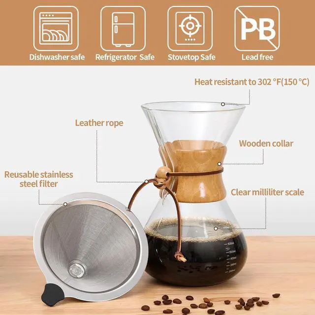 Alt view image 5 of 7 - Pour Over Coffee Maker 34 OZ, 10 Cup Borosilicate Glass Drip Coffee Maker with Reusable Stainless Steel Filter and Cork Grip for Home Café 1000 ML