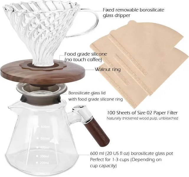 Alt view image 3 of 7 - Pour Over Coffee Maker, 20 oz Borosilicate Glass Set with 100 pcs V60 Paper Filter, Coffee Dripper with Walnut Collar, Coffee Pot with Glass Lid, 1-3 Cups, Clear, (600 ml)