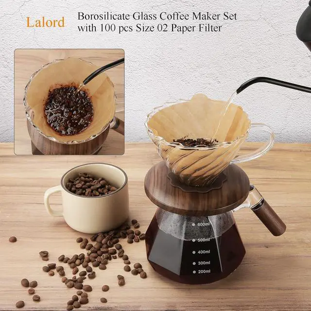Alt view image 2 of 7 - Pour Over Coffee Maker, 20 oz Borosilicate Glass Set with 100 pcs V60 Paper Filter, Coffee Dripper with Walnut Collar, Coffee Pot with Glass Lid, 1-3 Cups, Clear, (600 ml)