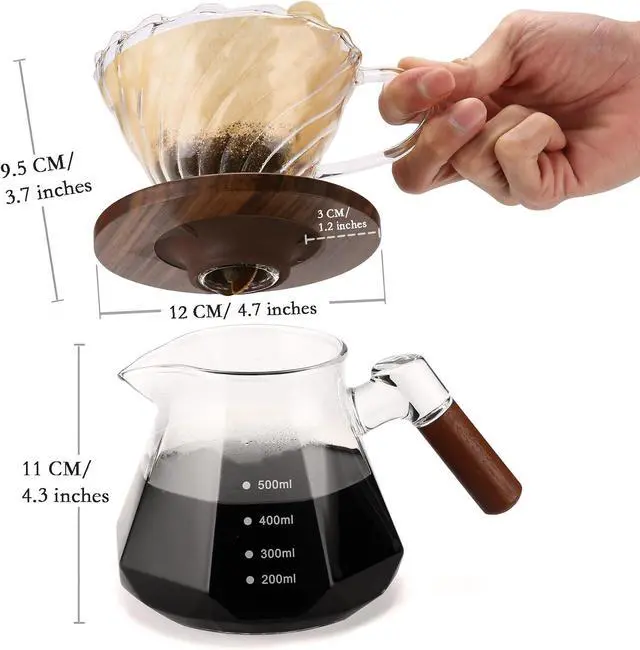 Alt view image 4 of 7 - Pour Over Coffee Maker, 20 oz Borosilicate Glass Set with 100 pcs V60 Paper Filter, Coffee Dripper with Walnut Collar, Coffee Pot with Glass Lid, 1-3 Cups, Clear, (600 ml)