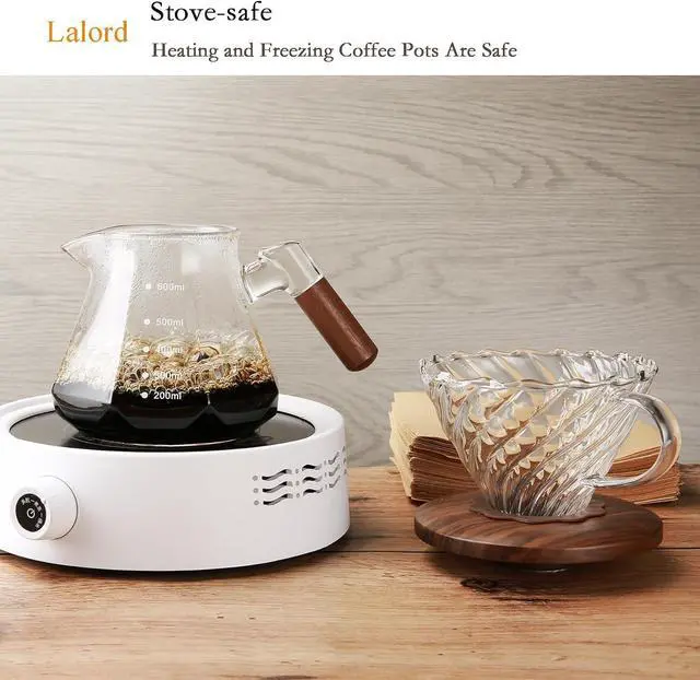 Alt view image 5 of 7 - Pour Over Coffee Maker, 20 oz Borosilicate Glass Set with 100 pcs V60 Paper Filter, Coffee Dripper with Walnut Collar, Coffee Pot with Glass Lid, 1-3 Cups, Clear, (600 ml)