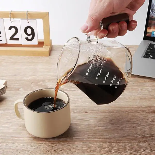 Alt view image 6 of 7 - Pour Over Coffee Maker, 20 oz Borosilicate Glass Set with 100 pcs V60 Paper Filter, Coffee Dripper with Walnut Collar, Coffee Pot with Glass Lid, 1-3 Cups, Clear, (600 ml)