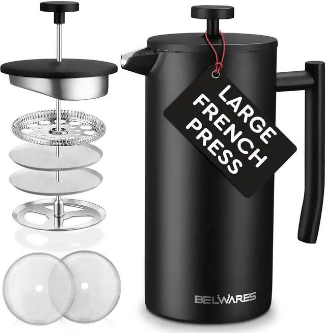 Main image of Belwares French Press Coffee Maker 50 OZ - Large Insulated Stainless Steel 304 Coffee Press with Double Wall & 4-Level Filtration System (Black - 1.5L)