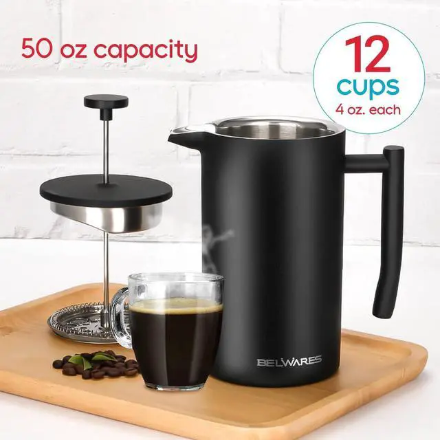 Alt view image 2 of 7 - Belwares French Press Coffee Maker 50 OZ - Large Insulated Stainless Steel 304 Coffee Press with Double Wall & 4-Level Filtration System (Black - 1.5L)