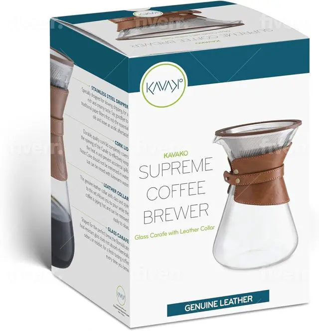 Alt view image 2 of 7 - Pour Over Coffee Maker Set with Double-Layer Stainless Steel Filter, Coffee Dripper, Cork Lid and Leather Collar Holder - High Heat Resistance Borosilicate Glass Carafe, Great Gift Idea (37 oz)