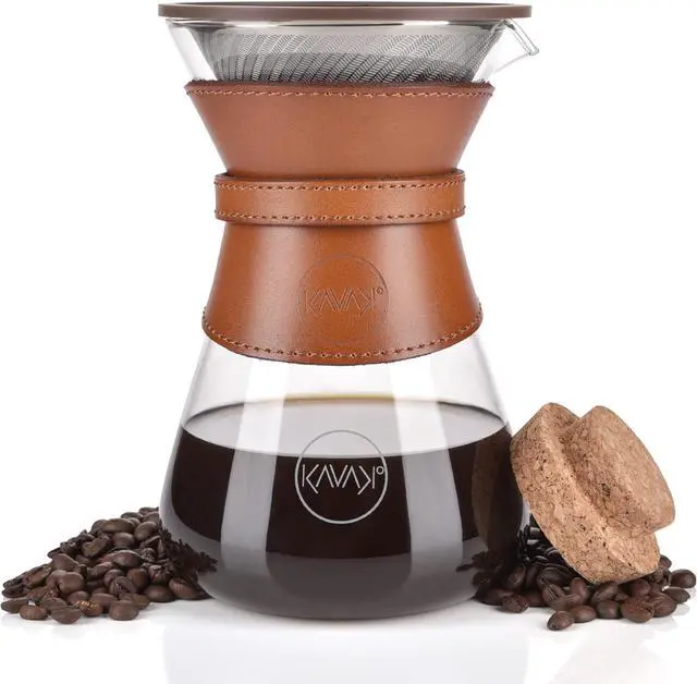 Main image of Pour Over Coffee Maker Set with Double-Layer Stainless Steel Filter, Coffee Dripper, Cork Lid and Leather Collar Holder - High Heat Resistance Borosilicate Glass Carafe, Great Gift Idea (37 oz)