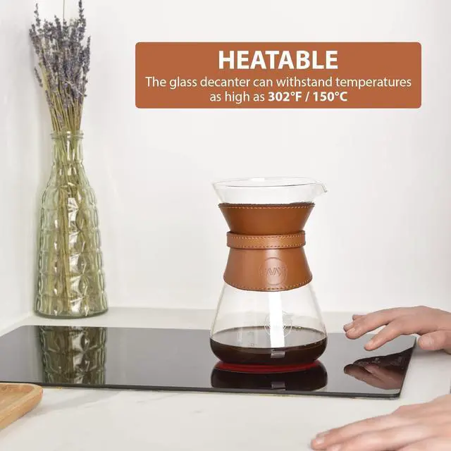Alt view image 4 of 7 - Pour Over Coffee Maker Set with Double-Layer Stainless Steel Filter, Coffee Dripper, Cork Lid and Leather Collar Holder - High Heat Resistance Borosilicate Glass Carafe, Great Gift Idea (37 oz)