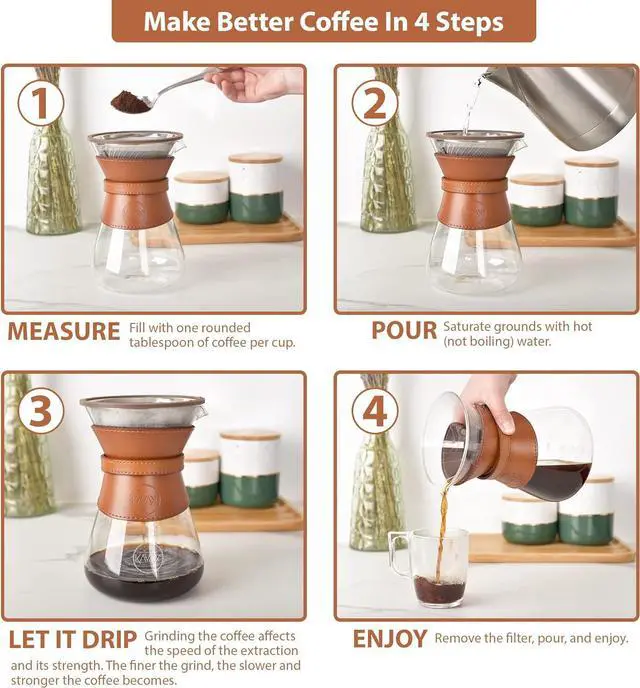 Alt view image 5 of 7 - Pour Over Coffee Maker Set with Double-Layer Stainless Steel Filter, Coffee Dripper, Cork Lid and Leather Collar Holder - High Heat Resistance Borosilicate Glass Carafe, Great Gift Idea (37 oz)