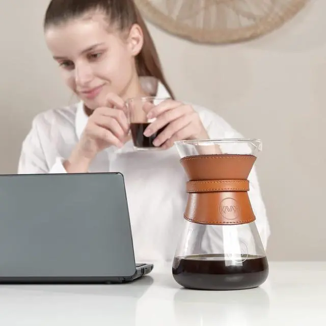 Alt view image 7 of 7 - Pour Over Coffee Maker Set with Double-Layer Stainless Steel Filter, Coffee Dripper, Cork Lid and Leather Collar Holder - High Heat Resistance Borosilicate Glass Carafe, Great Gift Idea (37 oz)